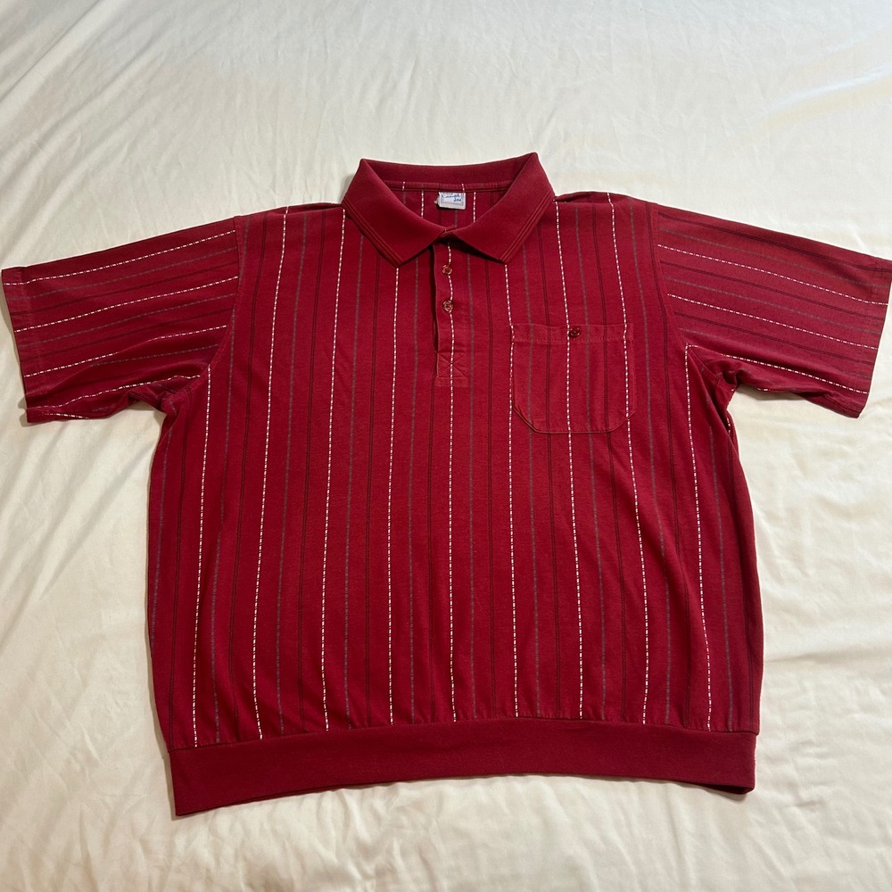 Haband Casual Joe Mens Vintage Burgundy Vertical Stripe Banded Hem Polo Shirt XL